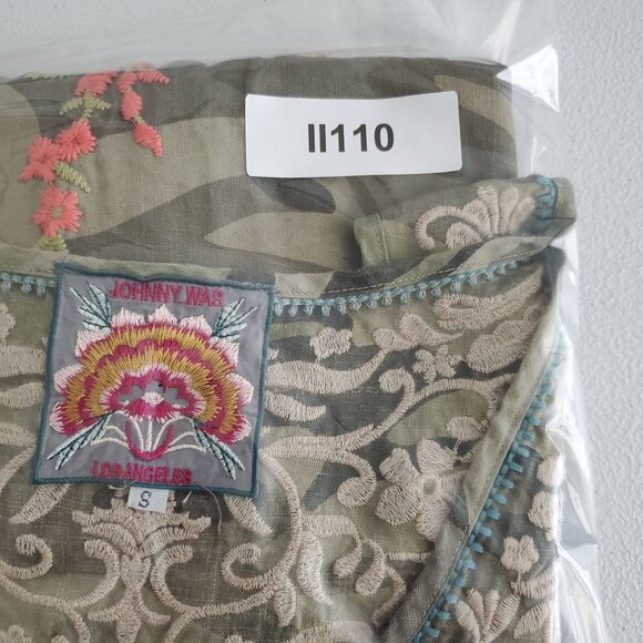 JOHNNY WAS Womens 100% Linen Adeline Dress Size S Side Button Camo Embroidered - Picture 9 of 9